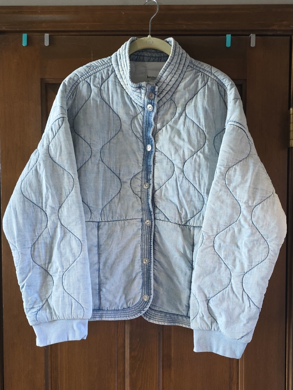 Kensie Light Blue Acid Wash Quilted Bomber Jean Jacket Sz Large